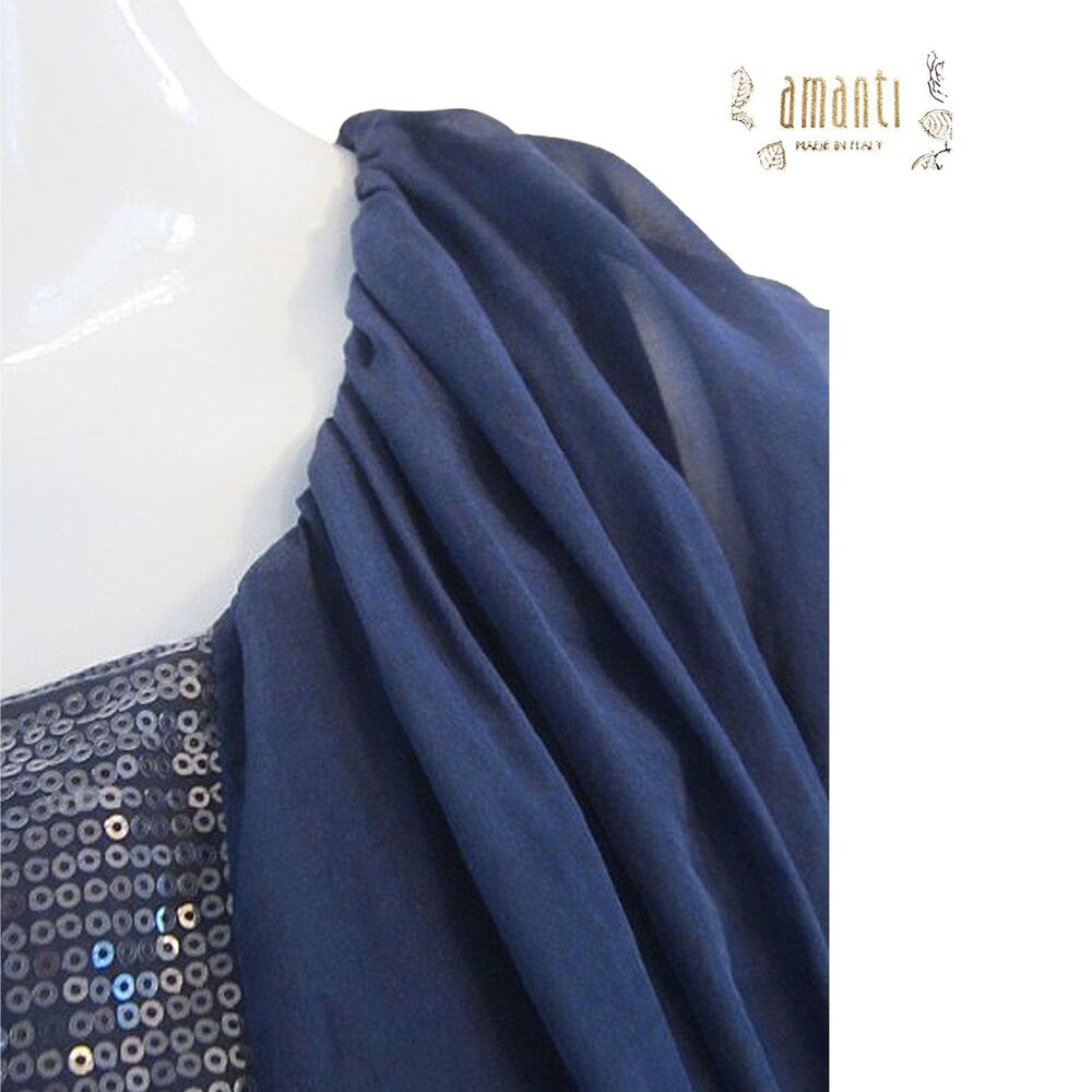 Amanti Italy NWT 100% Silk Sequin Dolman-Sleeve Navy Blouse S – Elegant Evening - Picture 8 of 12